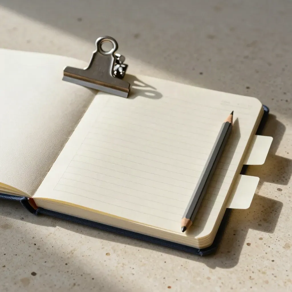 Linen notebook, tabbed notes, clip rail and pencil on travertine