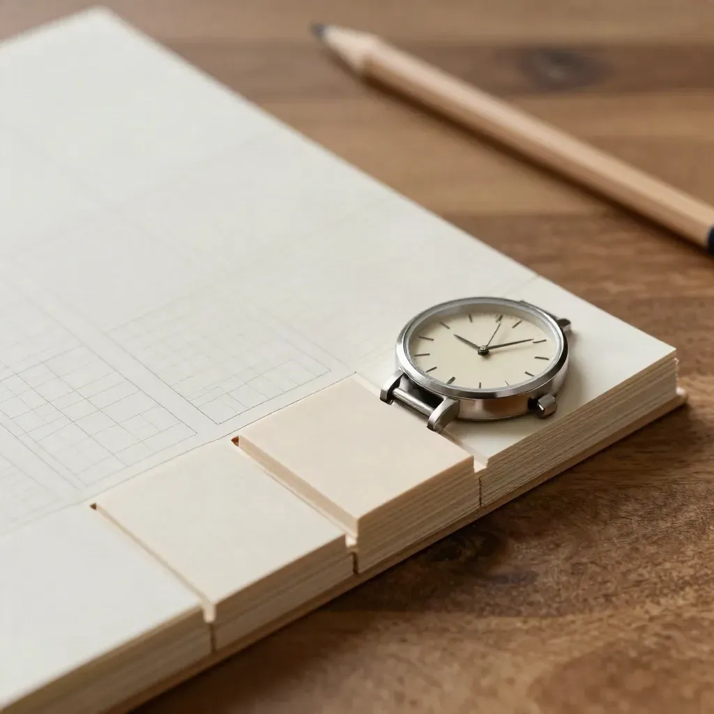 Weekly study plan tiles, watch and pencil tray on warm wood in kinetic diagonal light.