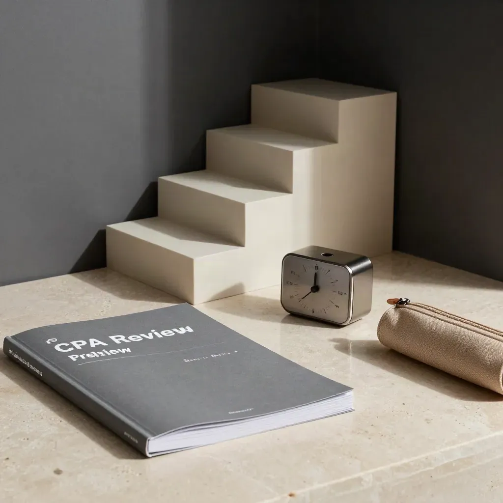 CPA review materials on limestone with timer, booklet, and study blocks in dramatic light