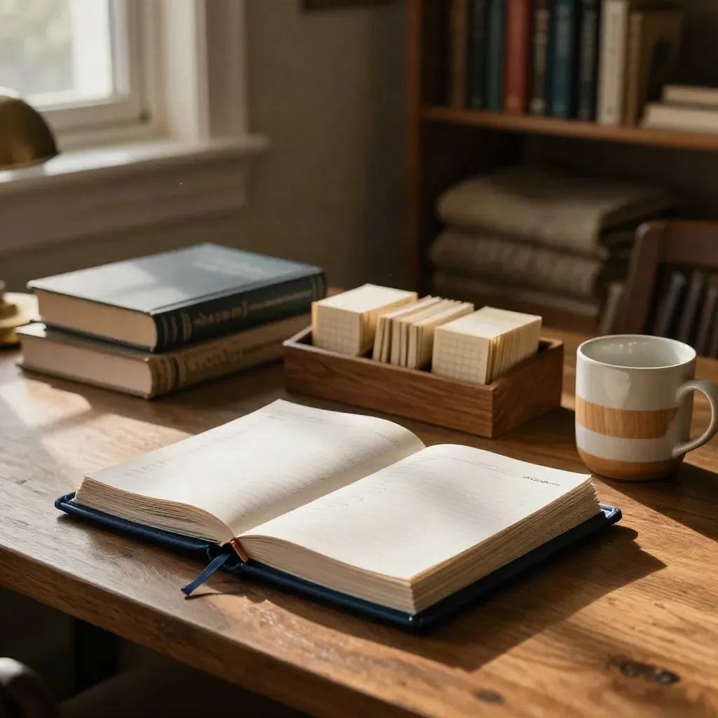 Quiet study desk with weekly plan pages, closed books, card grid, and mug ring in warm light